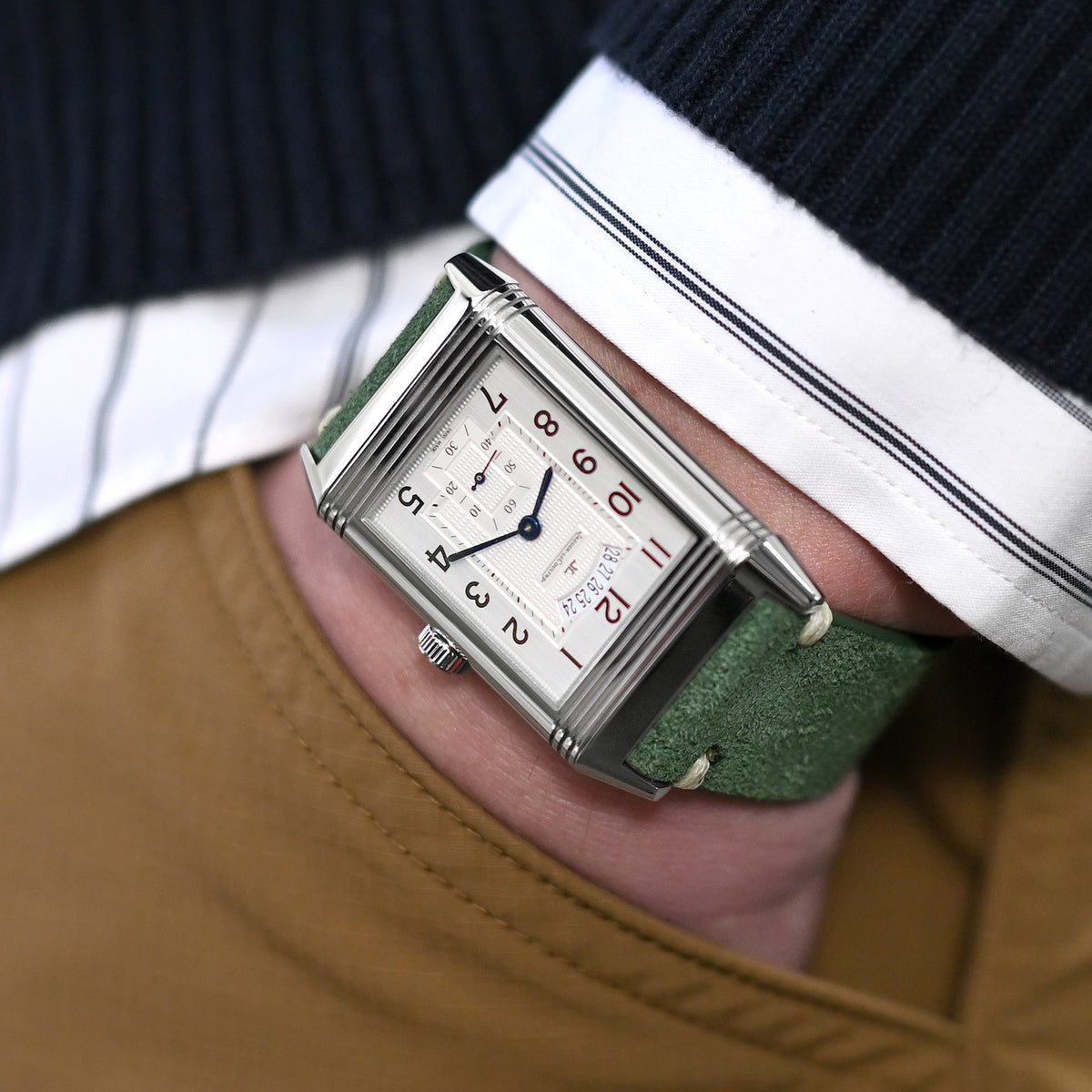 20mm or 22mm MiLTAT Green Genuine Leather One-piece Suede Quick Release Watch Strap, V-Clasp