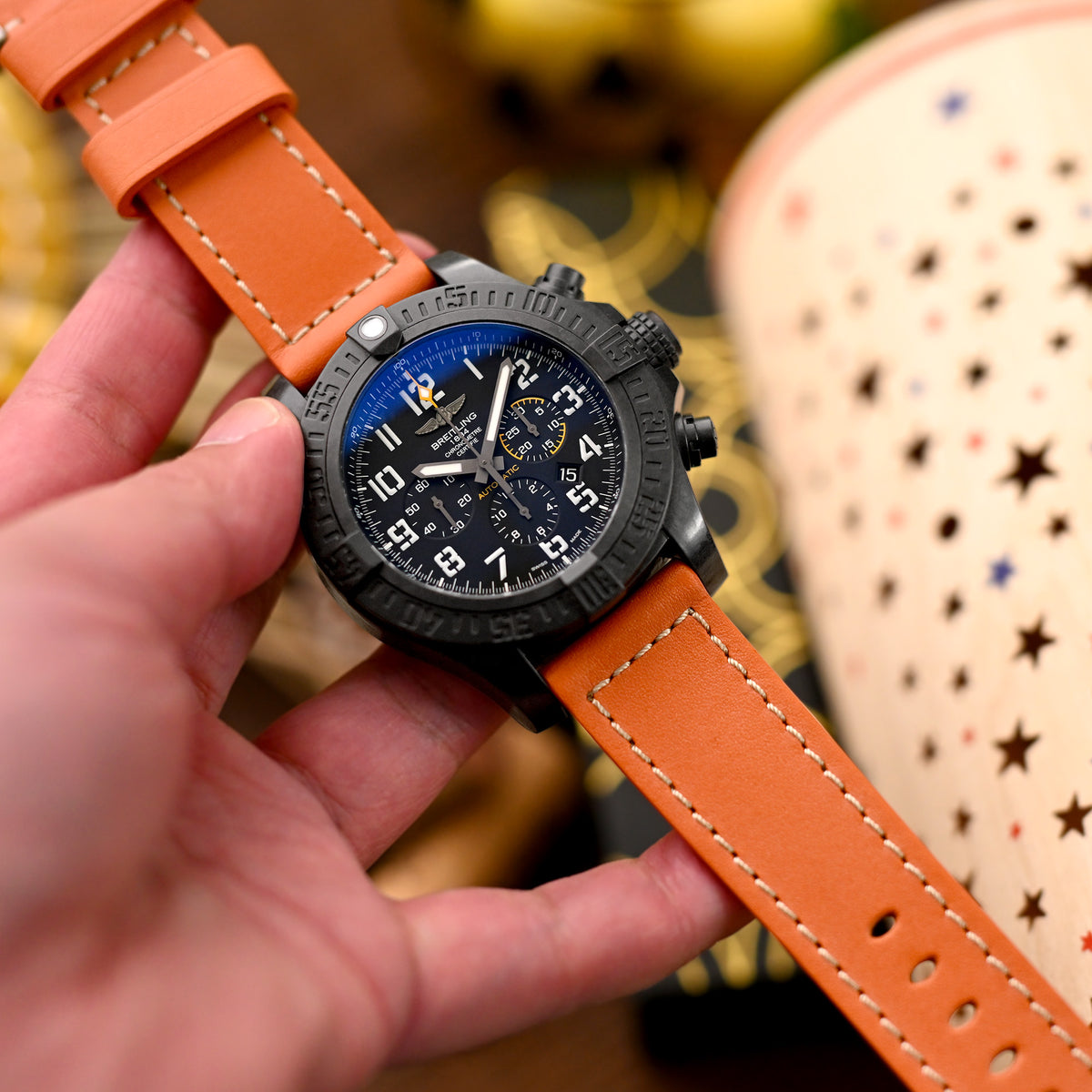Pam Collection, Orange French Crafted Barenia Leather Watch Strap for Panerai, Beige Stitching