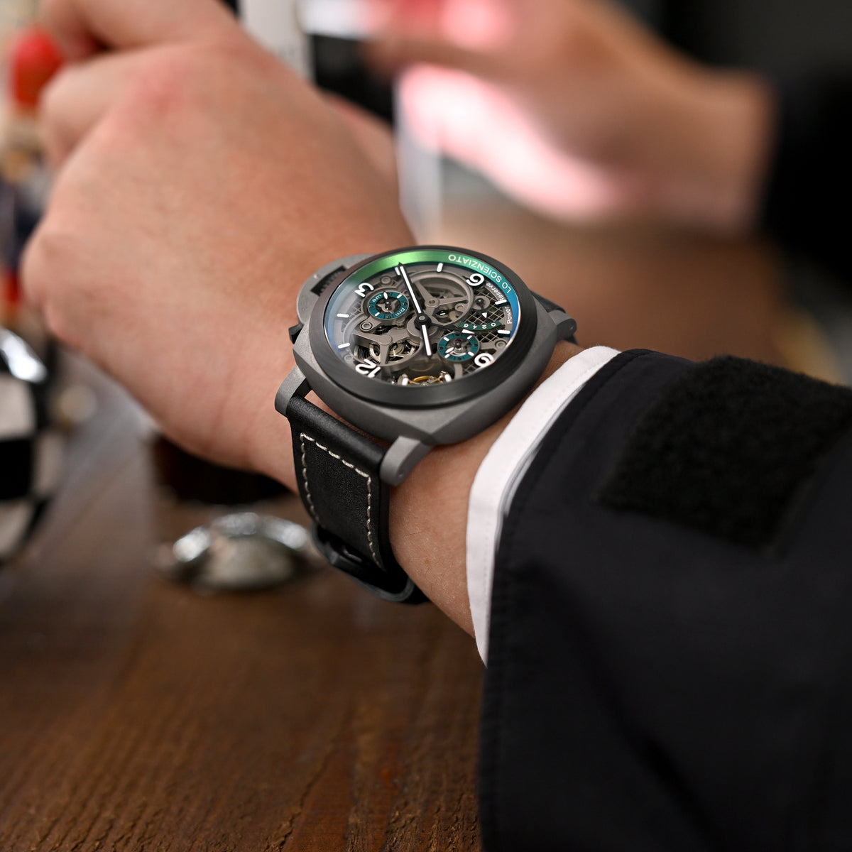 Pam Collection, Black French Crafted Barenia Leather Watch Strap for Panerai, Beige Stitching