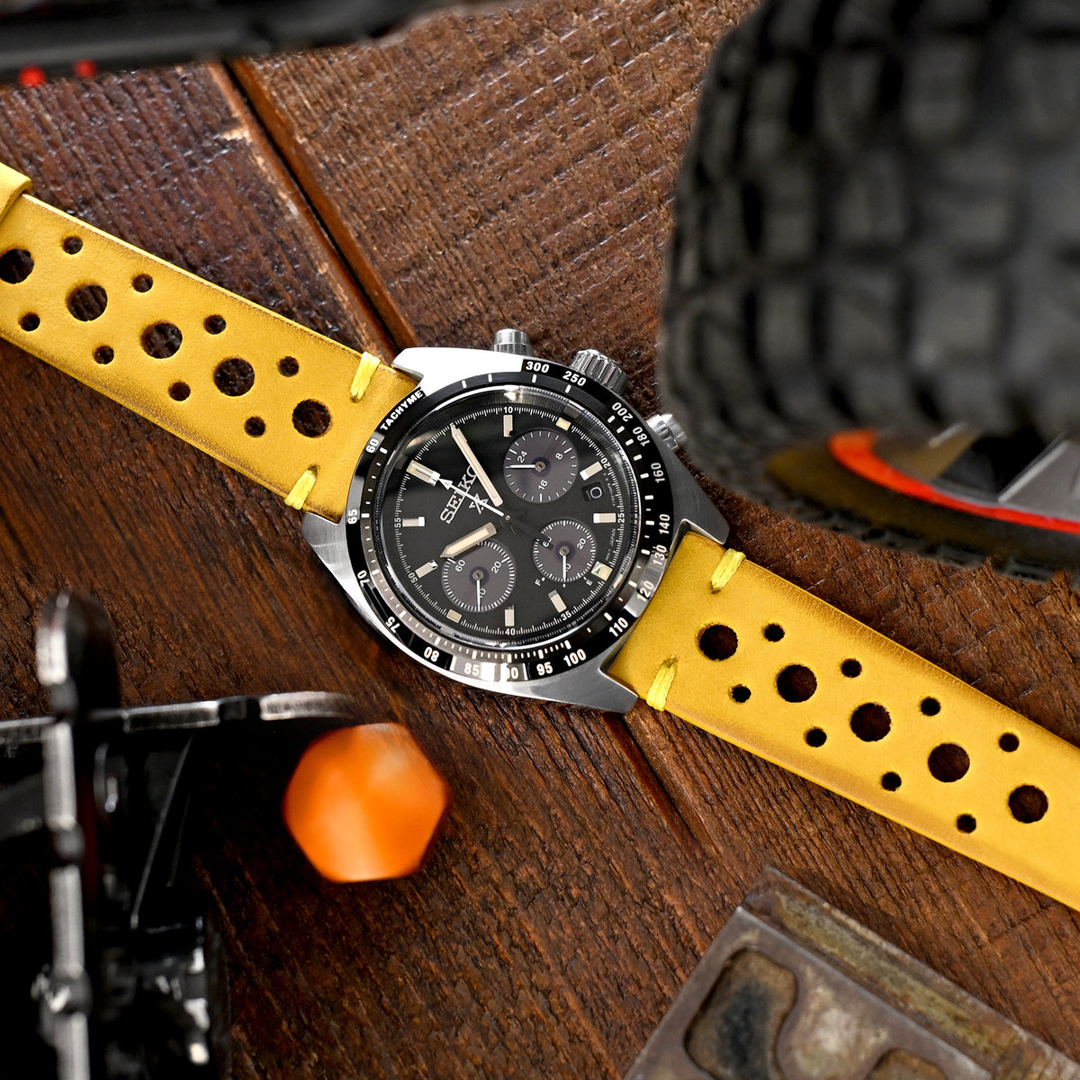 20mm Yellow Nubuck Leather Italian Handmade Racer Watch Band, P Buckle