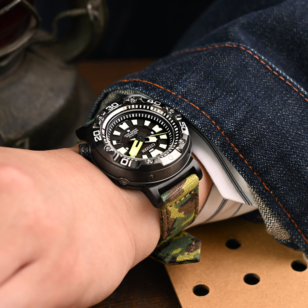 20mm, 21mm or 22mm MiLTAT WW2 2-piece ERDL Camouflage Canvas Watch Band with lockstitch round hole, Sandblasted