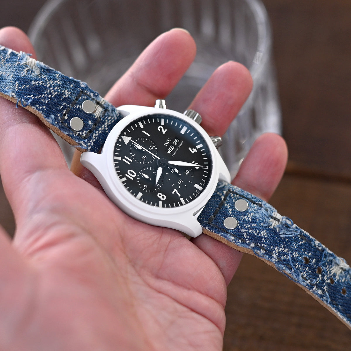 21mm, 22mm MiLTAT Heavy Distressed Blue Denim Watch Strap, Rivet Military strap