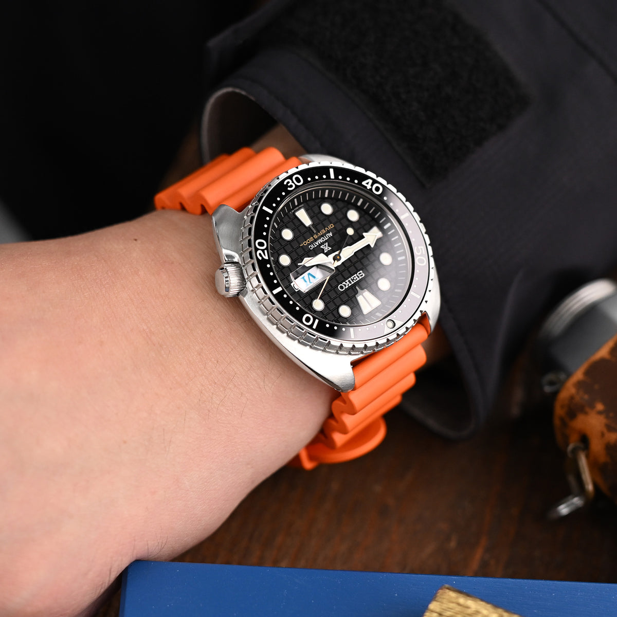 20mm or 22mm Quick Release Watch Band Orange Diver FKM Rubber Strap, Brushed