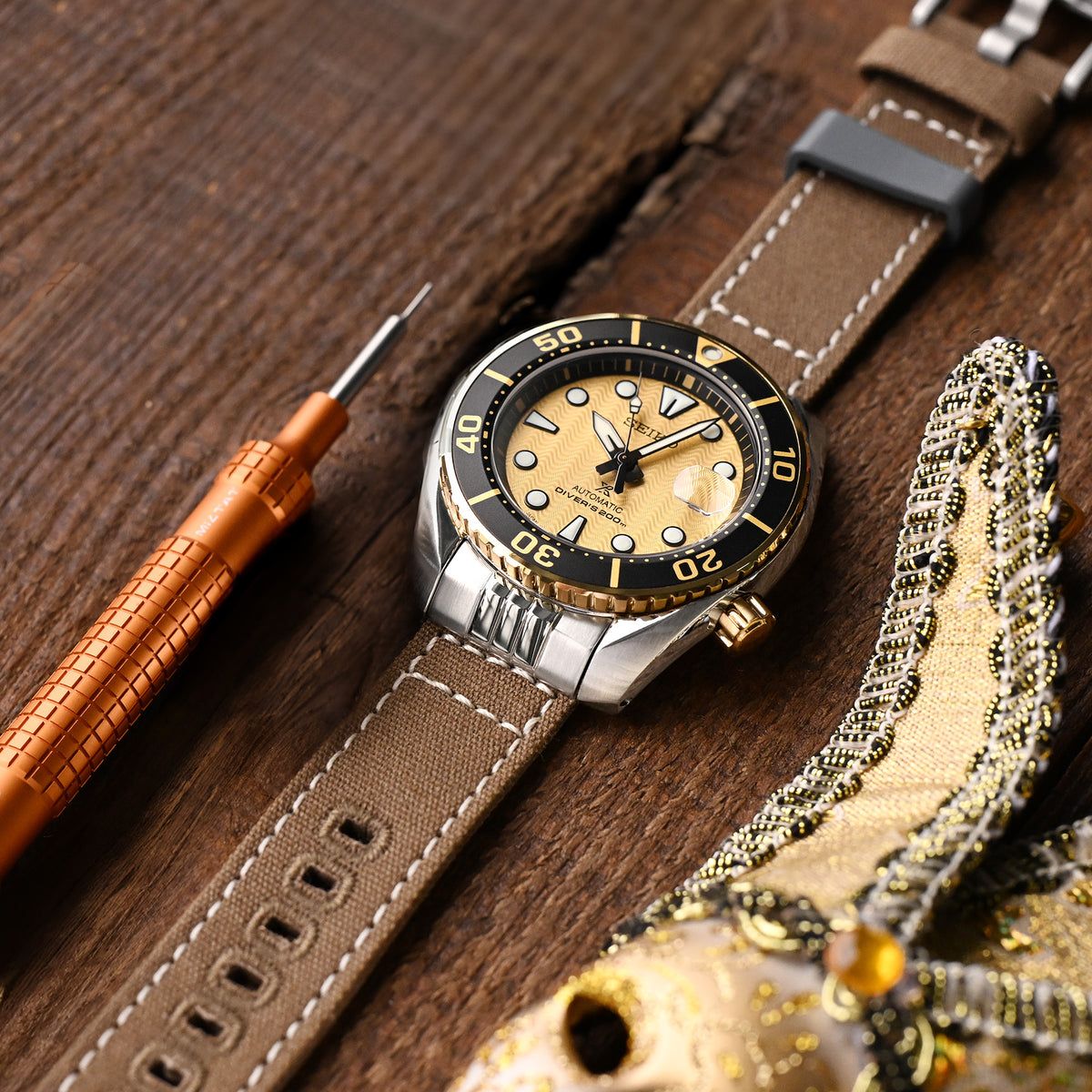 Tan Color Quick Release Canvas + Add-on End Piece watch strap for Seiko Sumo SPB103