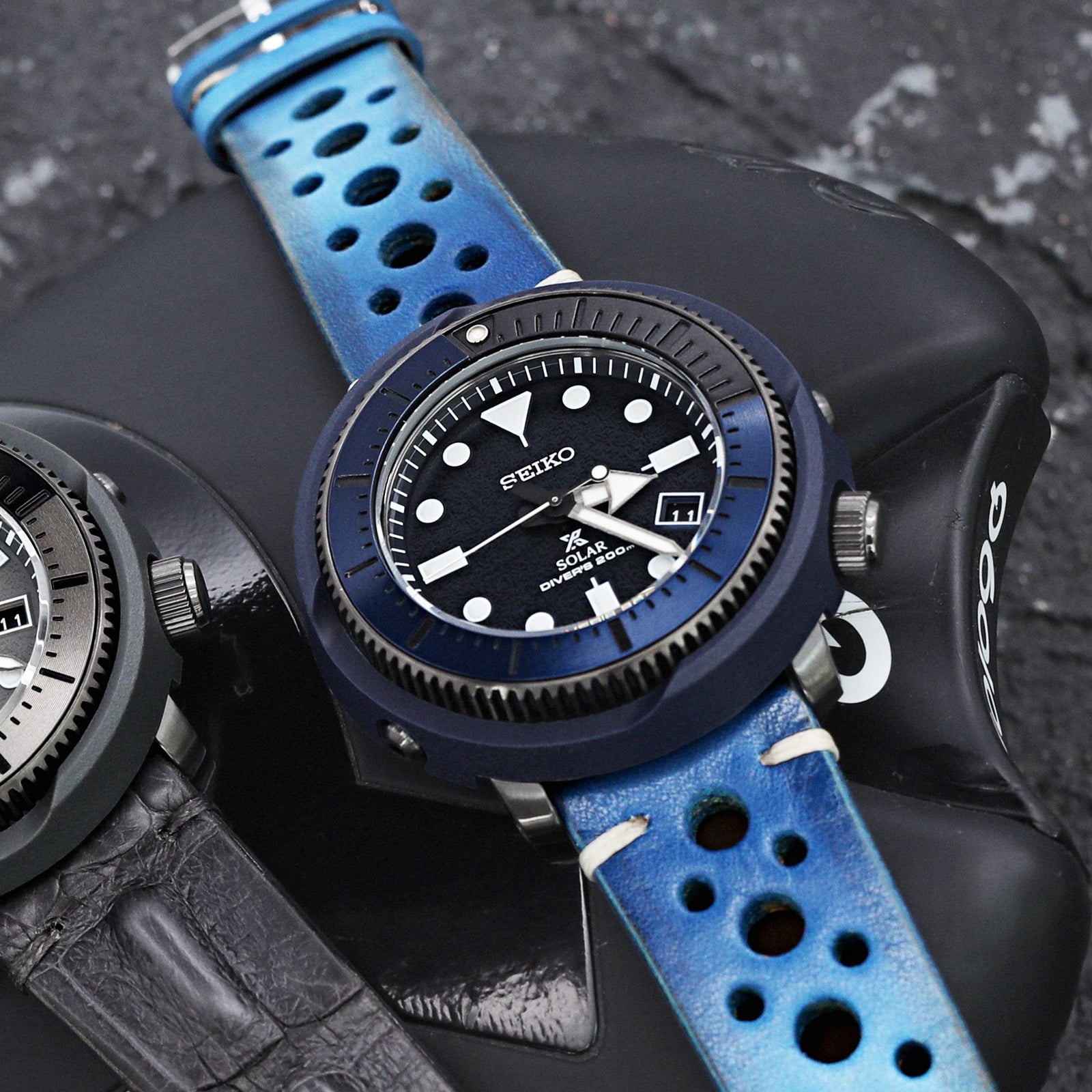 20mm or 22mm MiLTAT Italian Handmade Racer Vintage Blue Watch Strap White Stitching Strapcode Watch Bands