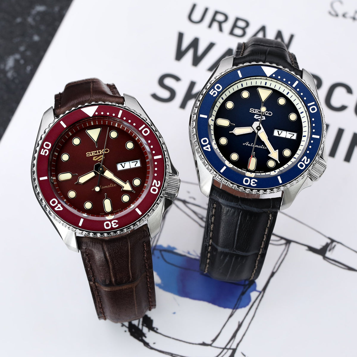 Seiko 5 Sports SRPD69K1 Red Suits Style new Cal. 4R36 on 22mm croco Strapcode Watch Bands