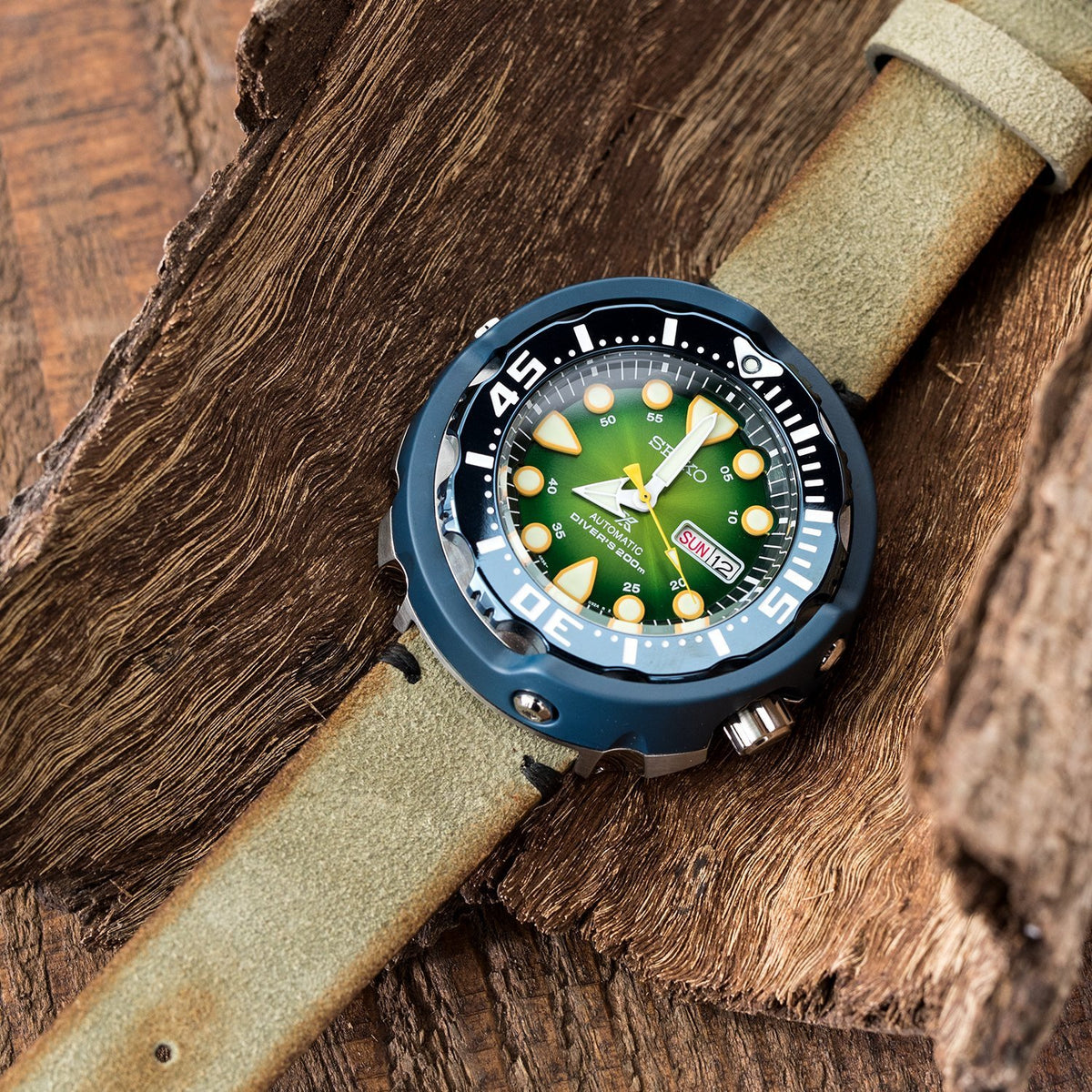 Seiko Prospex 200m Diver Tuna Limited Edition Automatic Watch SRPA99K1 Demo on Suede leather Strapcode Watch Bands
