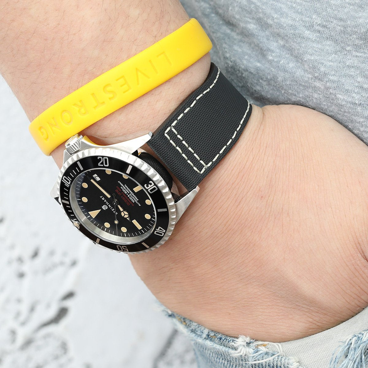 20mm to 23mm Pilot Black Woven Texture Watch Strap Beige Stitching Brushed Strapcode Watch Bands