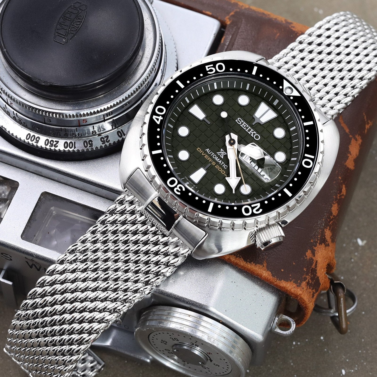 Curved End Massy Mesh Watch Band for Seiko new Turtles SRP777, V-Clasp, Polished Strapcode Watch Bands