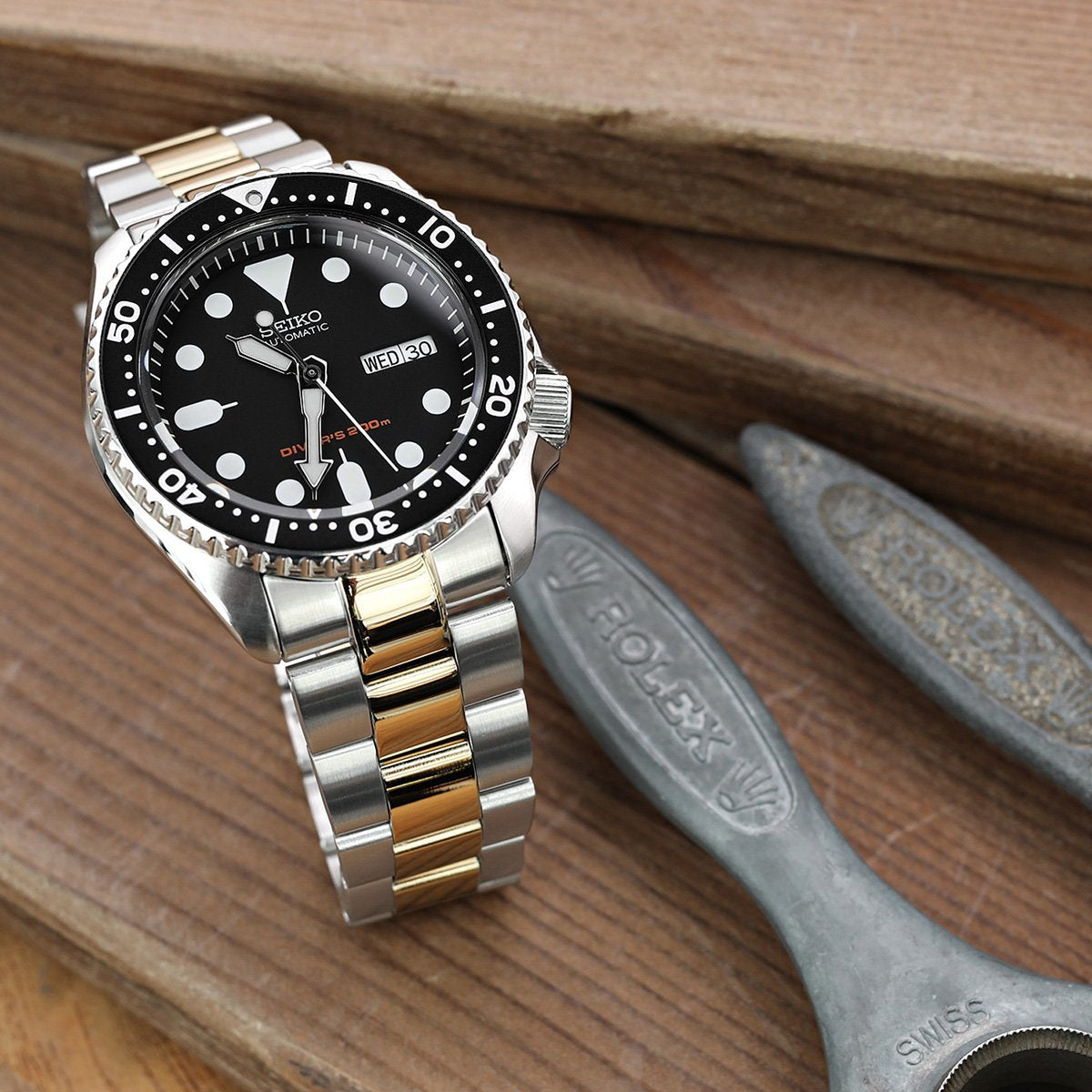 22mm Super-O Boyer Watch Band compatible with Seiko SKX007, 316L Stainless Steel Two Tone IP Gold V-Clasp