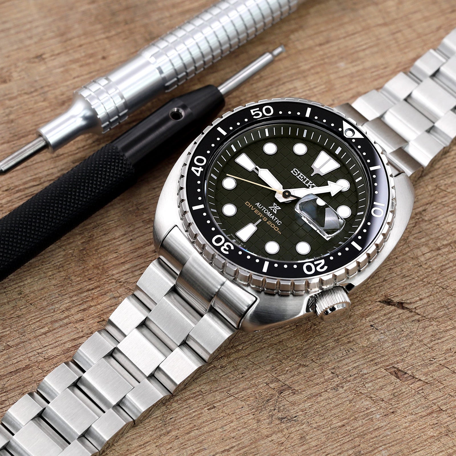 22mm Hexad 316L Stainless Steel Watch Band for Seiko New Turtles SRP777 & PADI SRPA21 V-Clasp Button Double Lock Brushed Strapcode Watch Bands