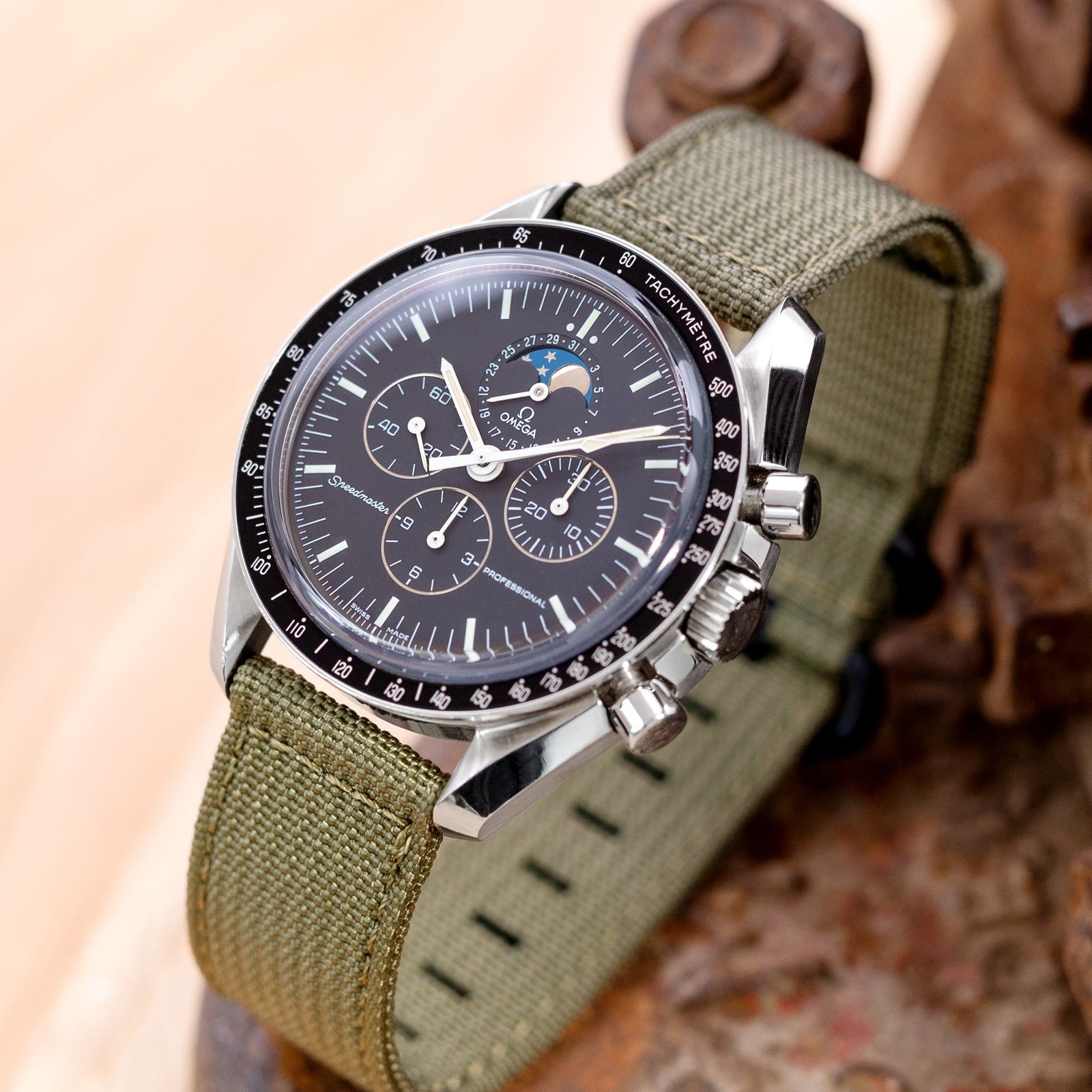Q.R. 20mm 2-pcs Ribbed Nylon Watch Band, Military Green Strapcode Watch Bands