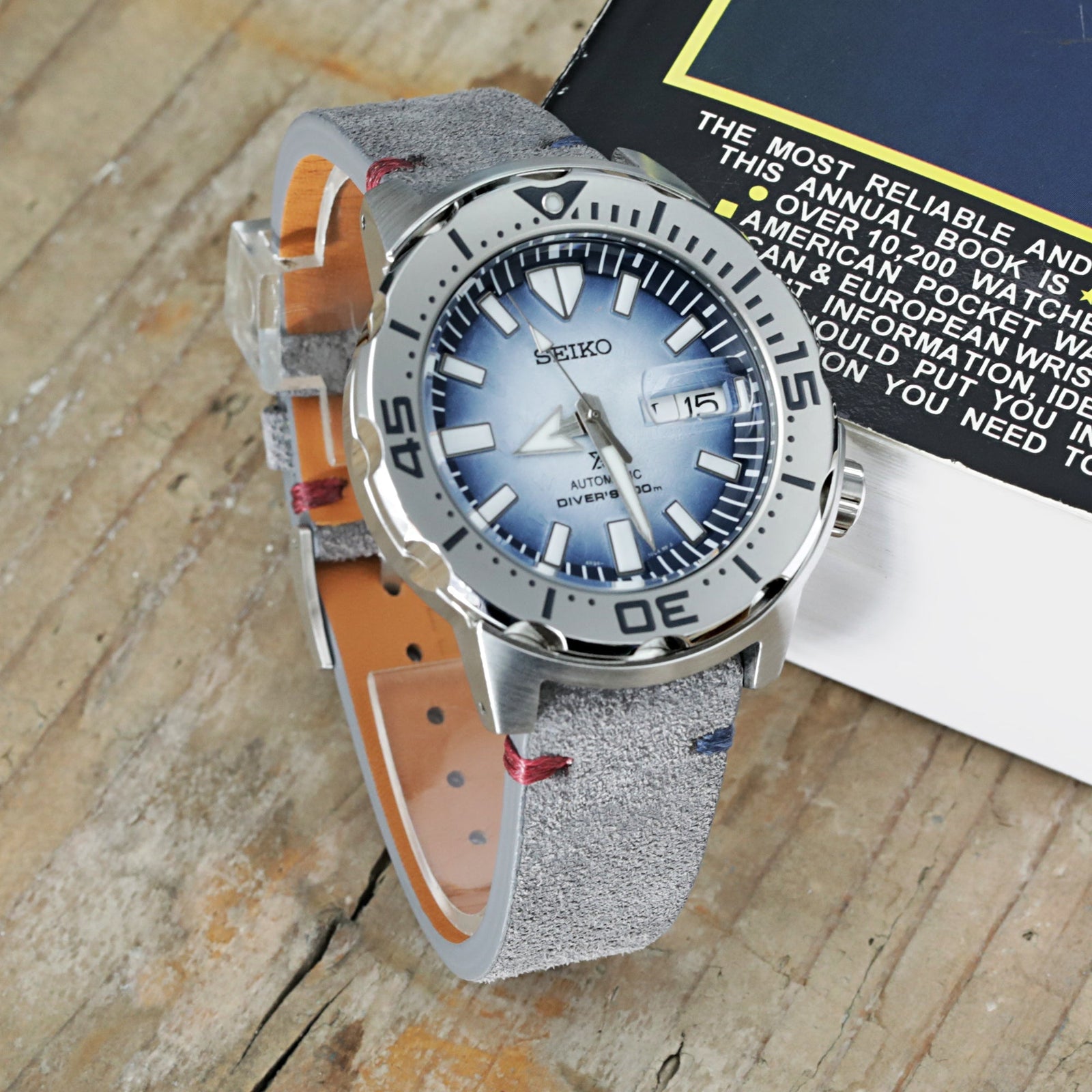 Q.R. Grey Suede watch strap 20mm Leather Watch Band Red+Blue Stitch. Strapcode Watch Bands