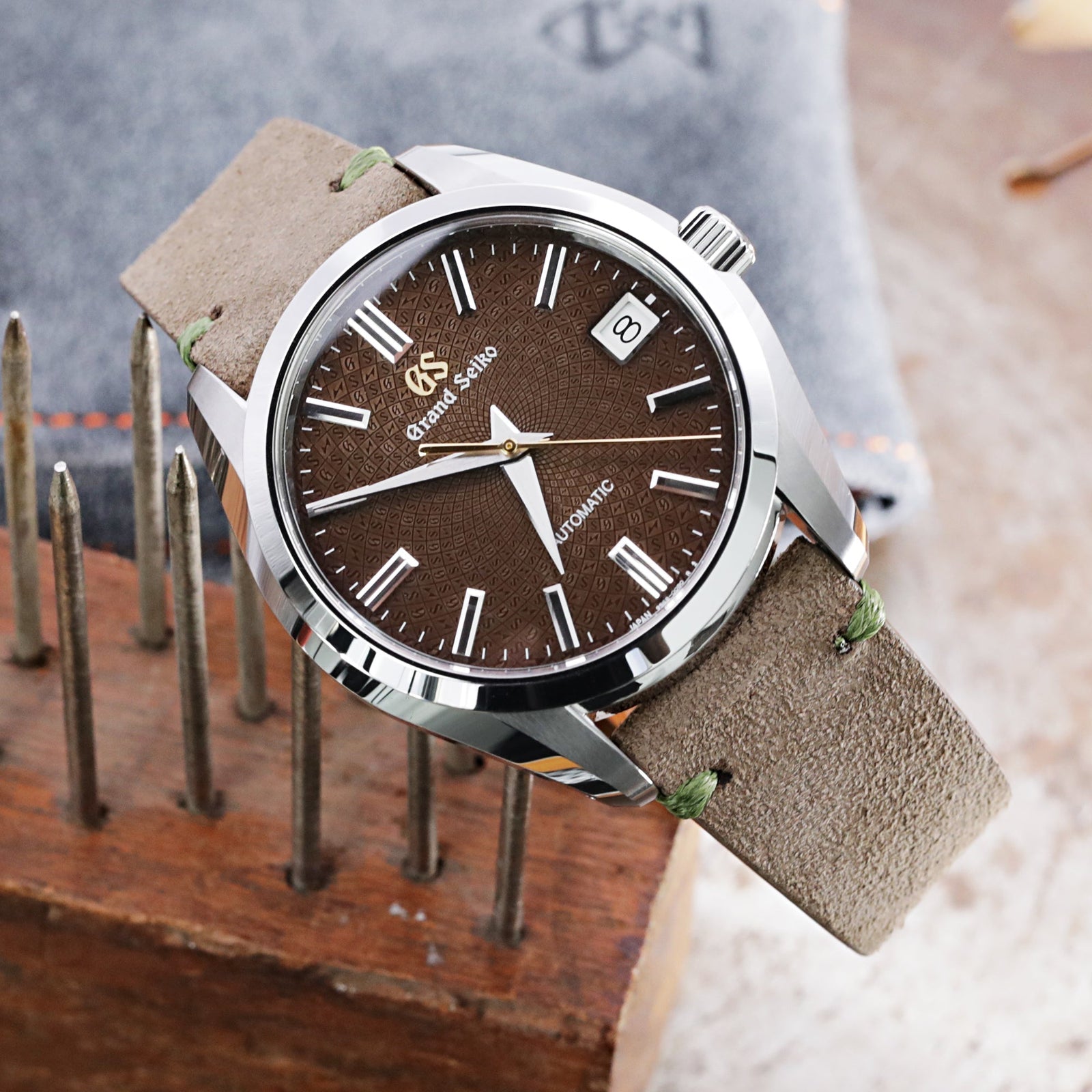 Q.R. Tan / Khaki Suede watch strap 19mm to 21mm Leather Watch Band Green Stitch. Strapcode Watch Bands