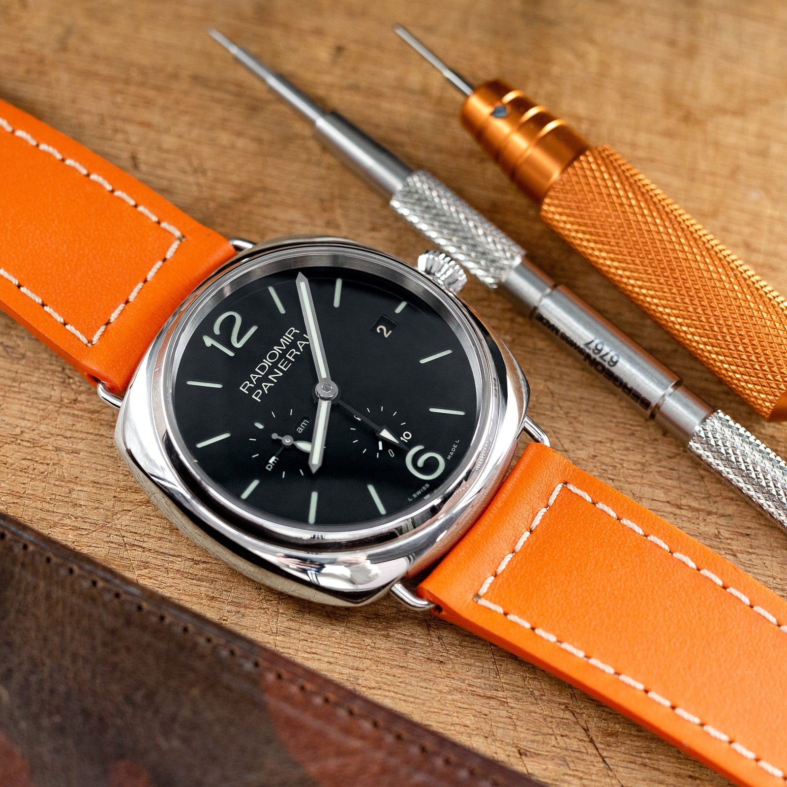 Pam Collection, Orange French Crafted Barenia Leather Watch Strap for Panerai, Beige Stitching Strapcode watch bands