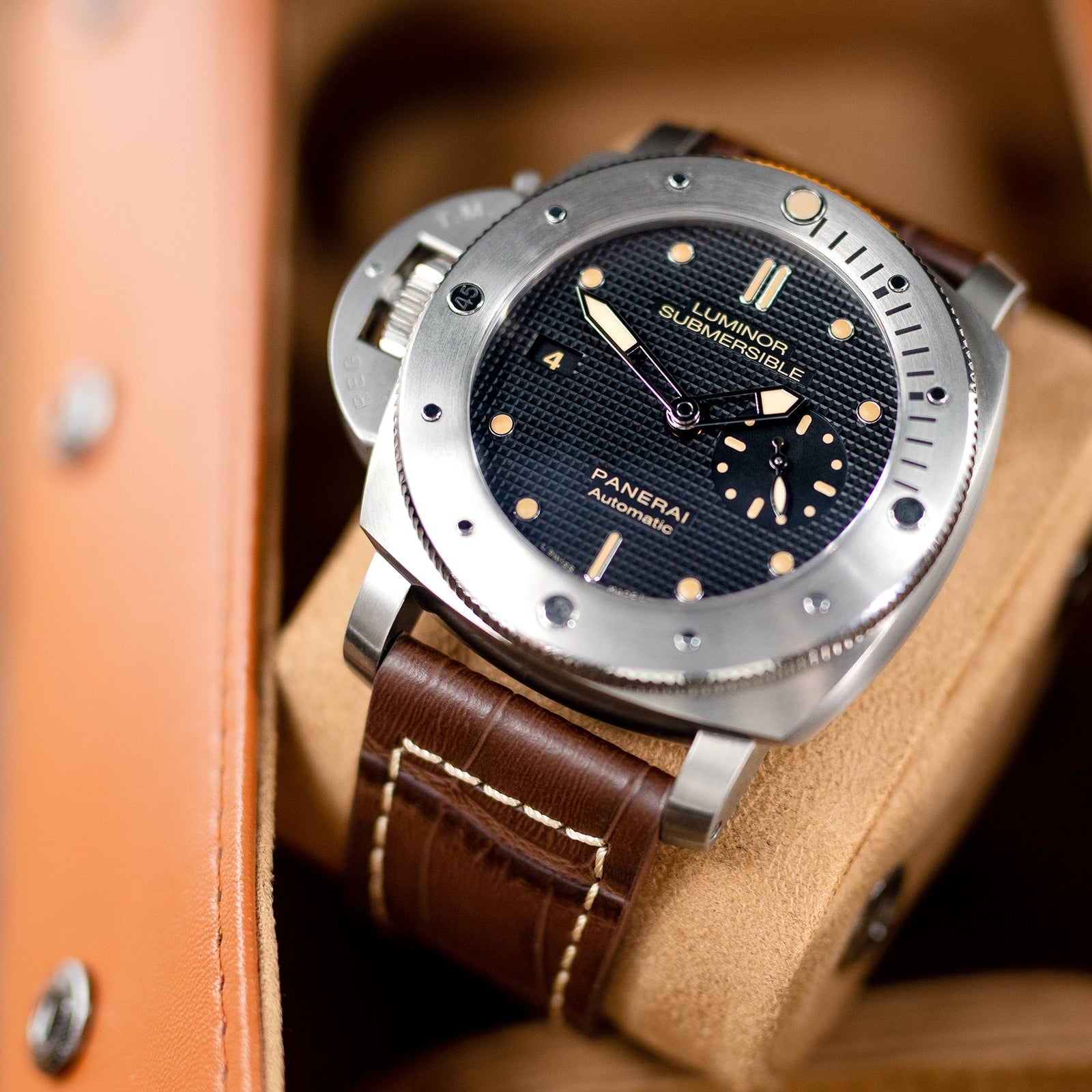 Pam Collection, Dark Brown Croco Grain Italian Leather Watch Strap for Panerai, Beige Stitching Strapcode watch bands
