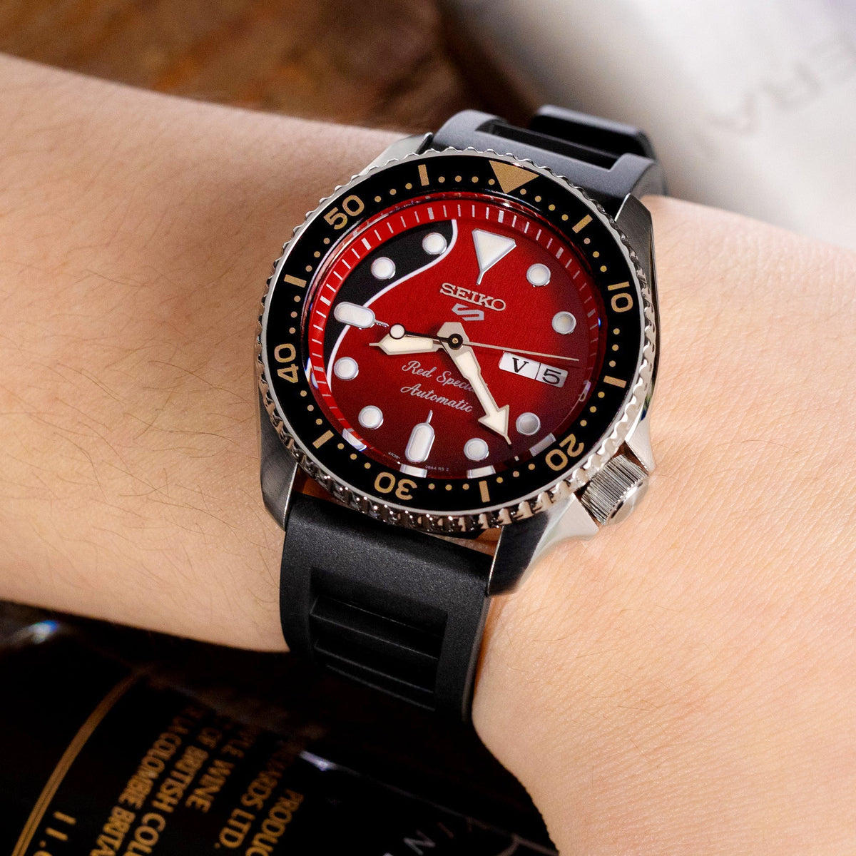 IWC Big Pilot watch 5002 46mm 7 Day Power Reserve; Seiko 5 Sports Brian May Special Edition SRPE83 Strapcode Watch Band