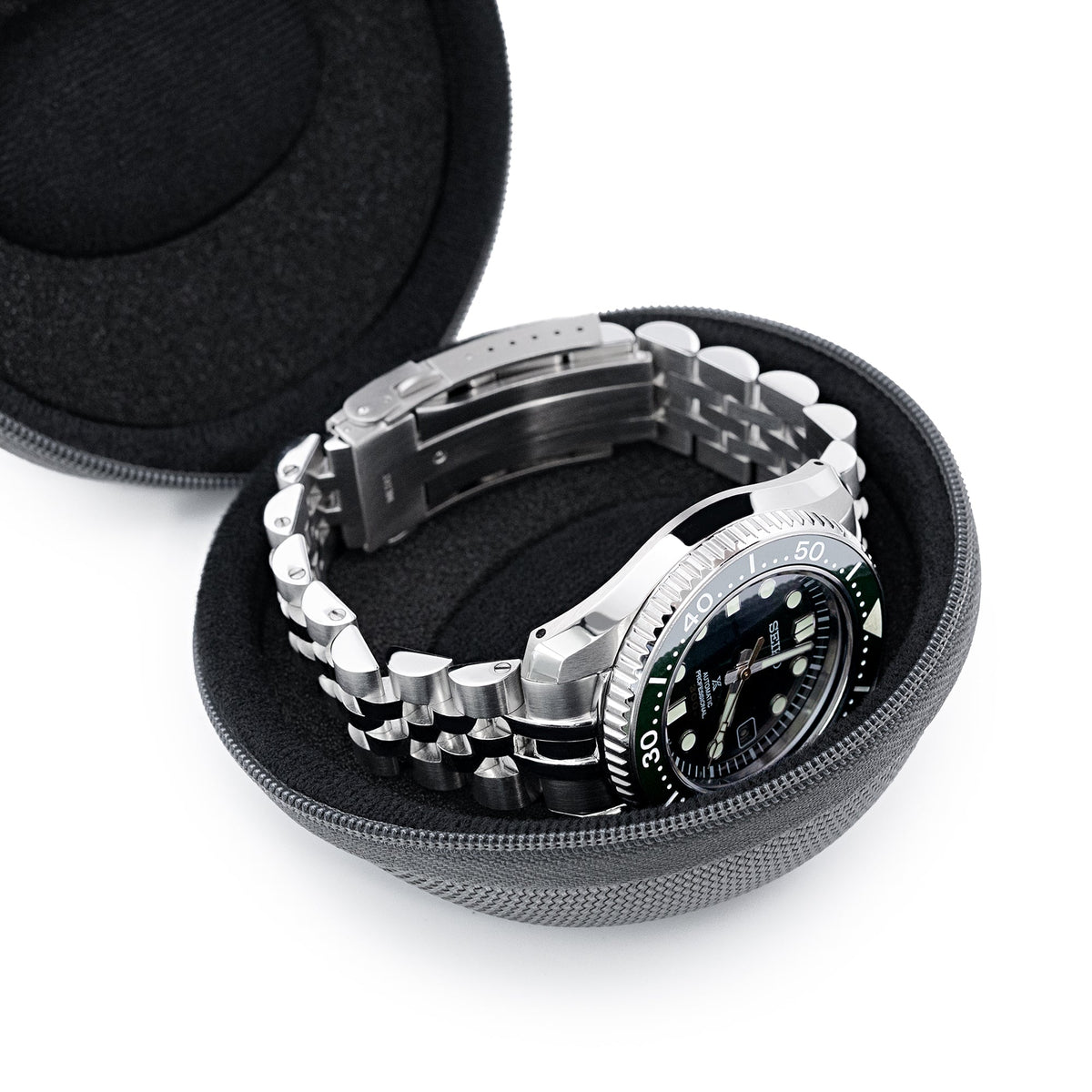 Round Watch Travel Hard Case Single Watch Box with Zipper, Grey Strapcode Watch Bands