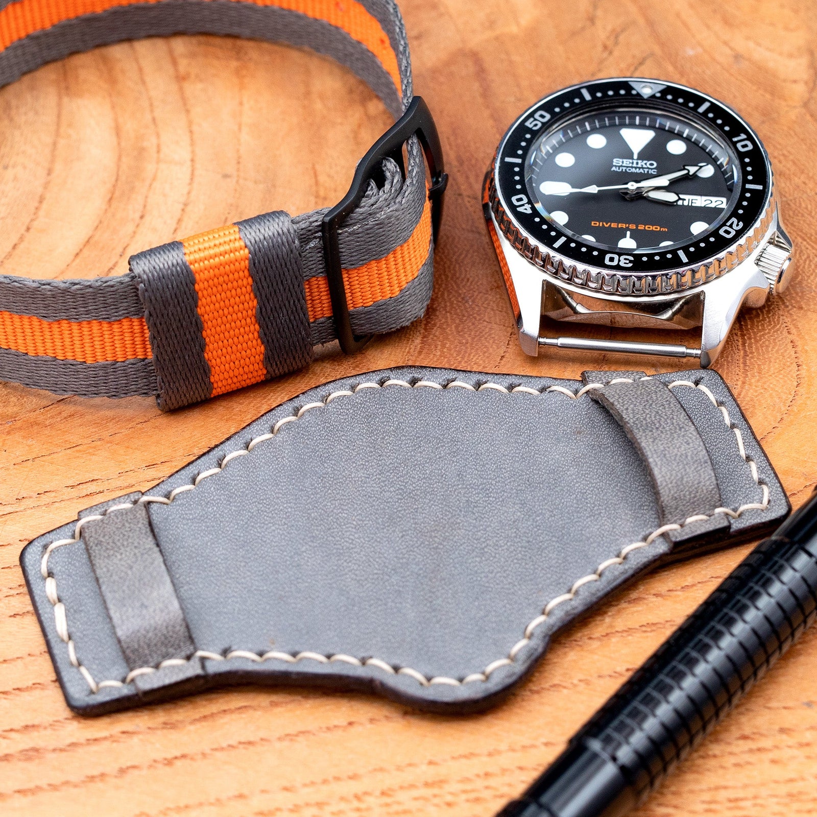 Military Grey Geniune Calf  Leather BUND Pad for 20mm or 22mm Watch Straps, Beige Wax Stitching