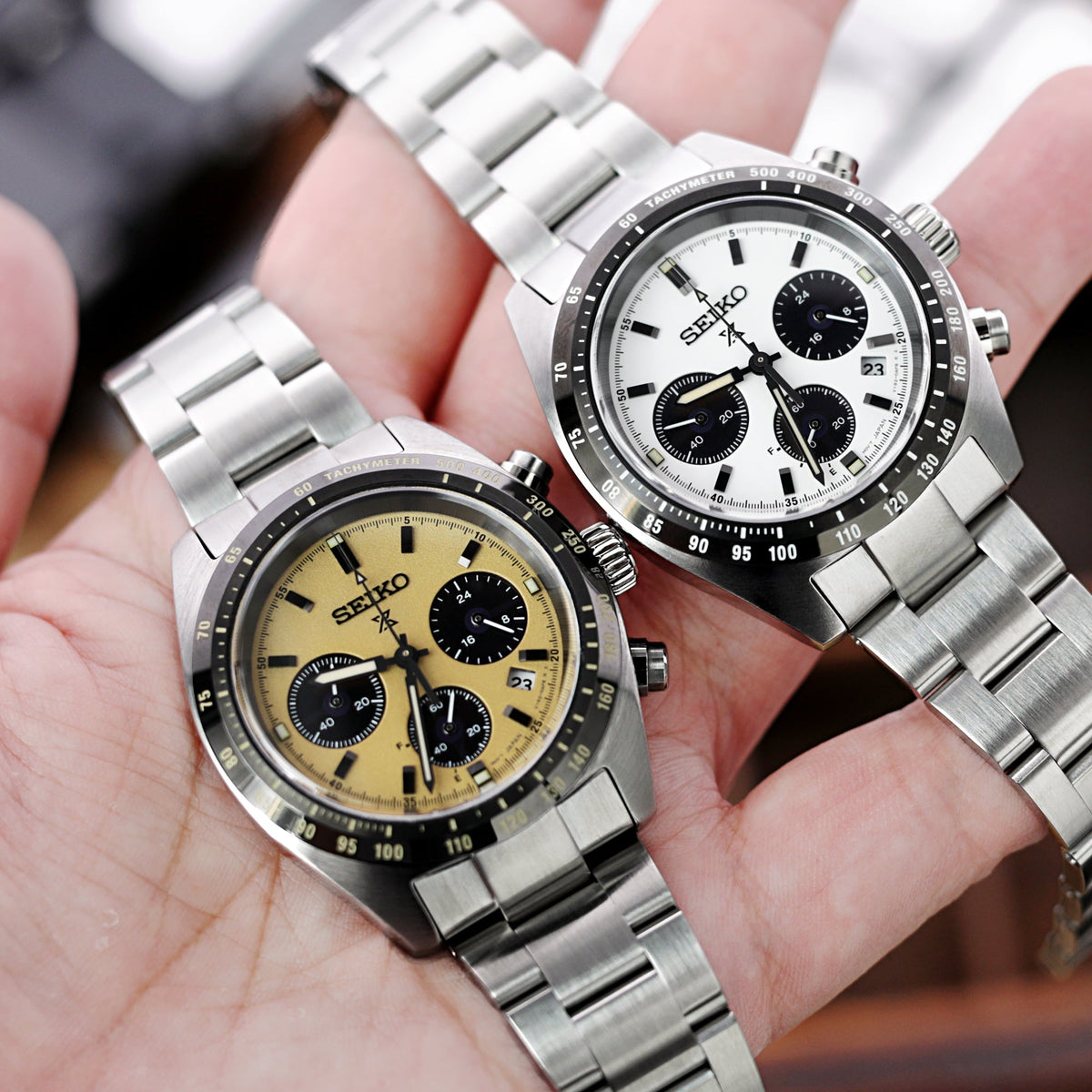 Seiko Speedtimer Panda chronograph SSC817 Gold Dial Seitona Strapcode Watch Bands