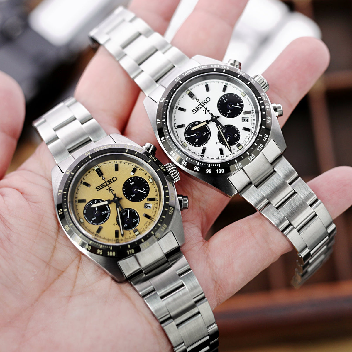 Seiko Speedtimer Panda chronograph SSC817 Gold Dial Seitona Strapcode Watch Bands