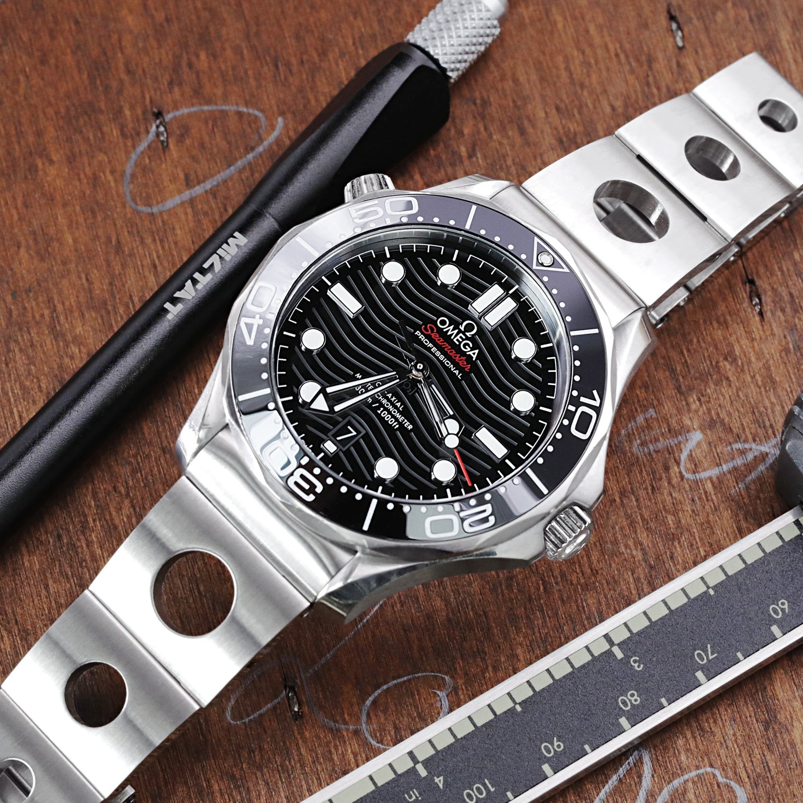 20mm Rollball version II Watch Band for Omega Seamaster 42mm, 316L Stainless Steel Brushed Baton Diver Clasp Strapcode Watch Bands