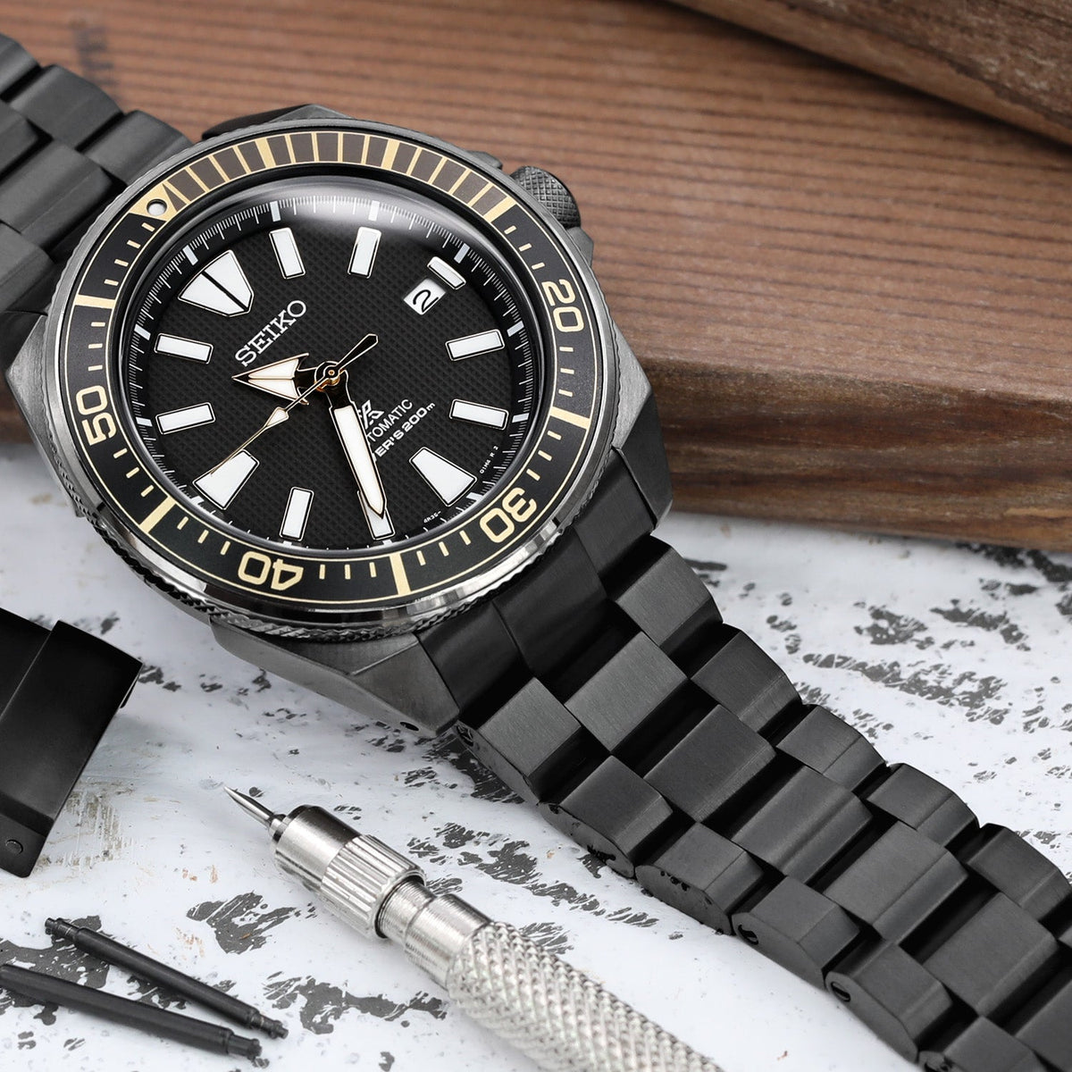 Seiko Samurai Prospex Automatic Dive Watch SRPB55K1 PVD Black metal watch band by Strapcode