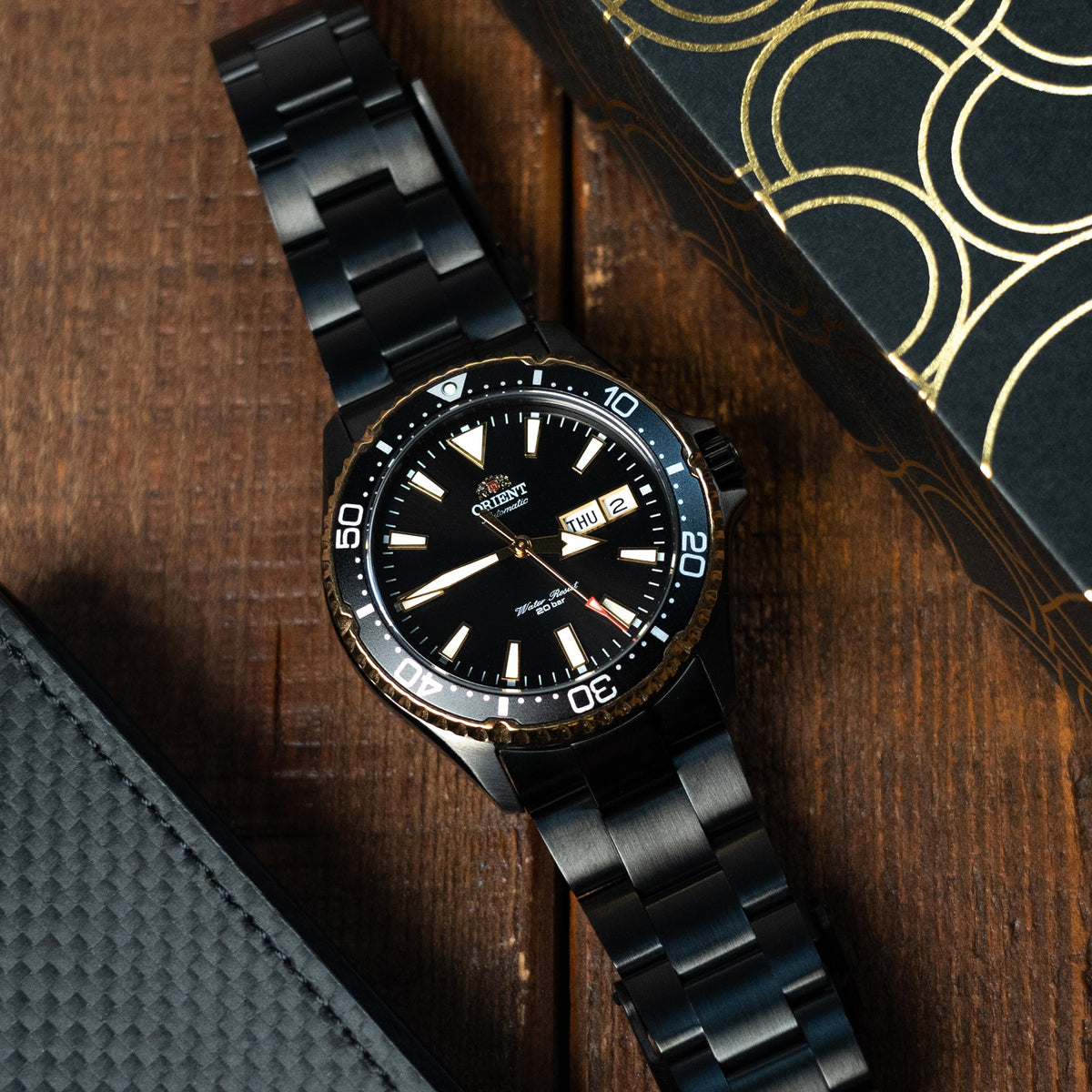 22mm Super-O Boyer Watch Band compatible with Orient Black Kamasu, 316L Stainless Steel Diamond-like Carbon (DLC coating) V-Clasp