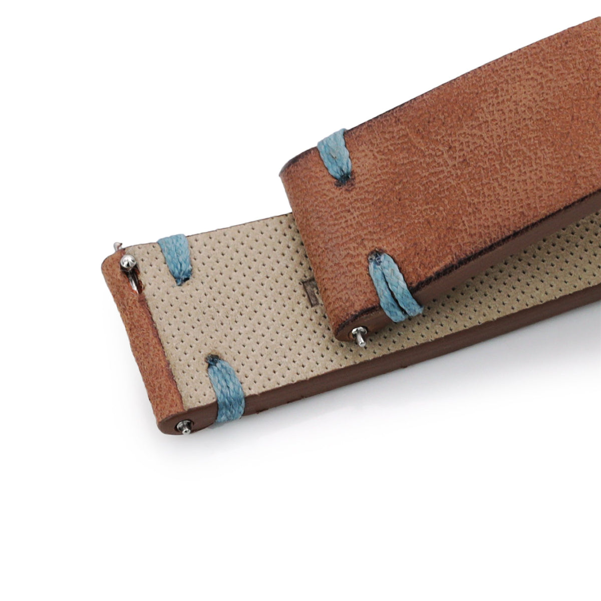 Q.R. 20mm Italian Handmade Brown Horse Leather Watch Band, One-piece V-clasp, Blue St. Strapcode Watch Bands