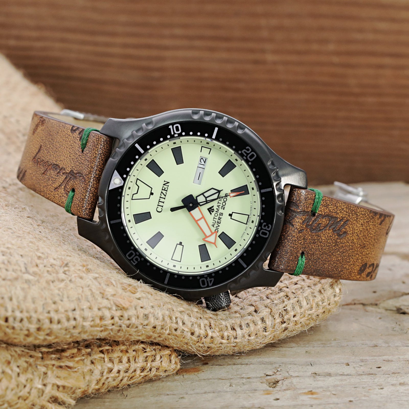 Q.R. 20mm Italian Handmade Vintage Brown Laser Engraved Leather Watch Band, One-piece V-clasp, Green St. Strapcode Watch Bands
