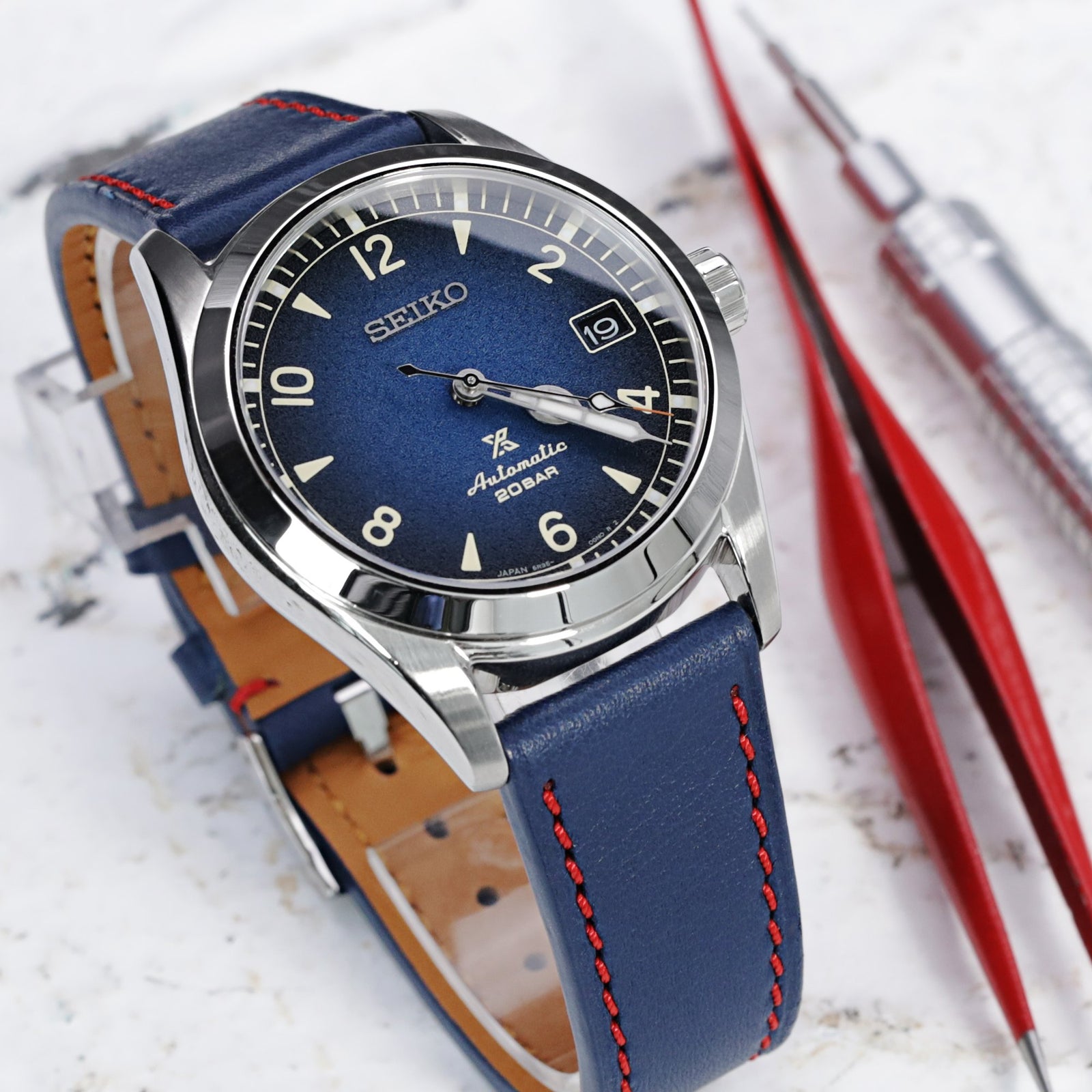 Q.R. 19mm, 20mm or 22mm Blue Tapered Leather Watch Band, Red Stitching + Zermatt Strapcode Watch Bands
