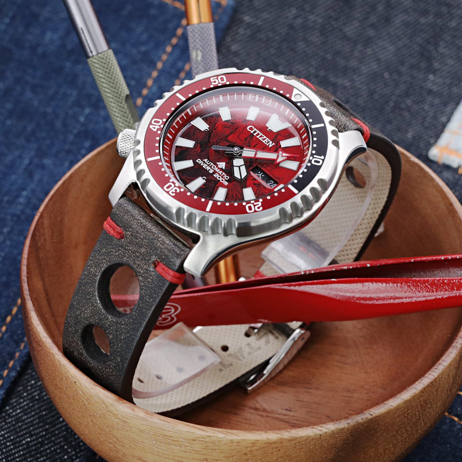 Q.R. 19mm or 20mm Blackish Brown Leather Italian Handmade Racer Watch Band, Red Stitch. Strapcode Watch Bands