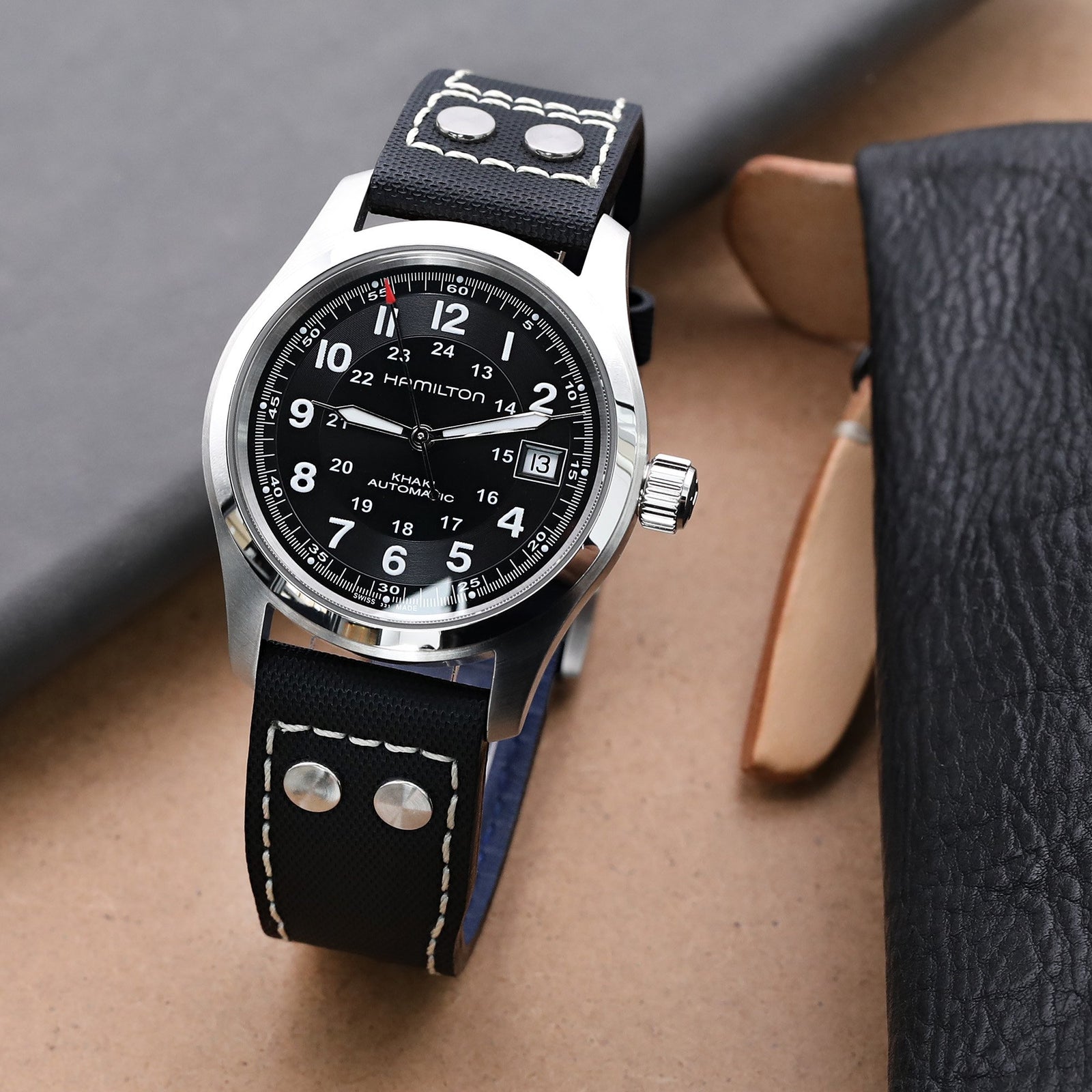 20mm to 23mm Pilot Black Woven Texture Rivet Lug Watch Strap Beige Stitching Brushed Strapcode Watch Bands