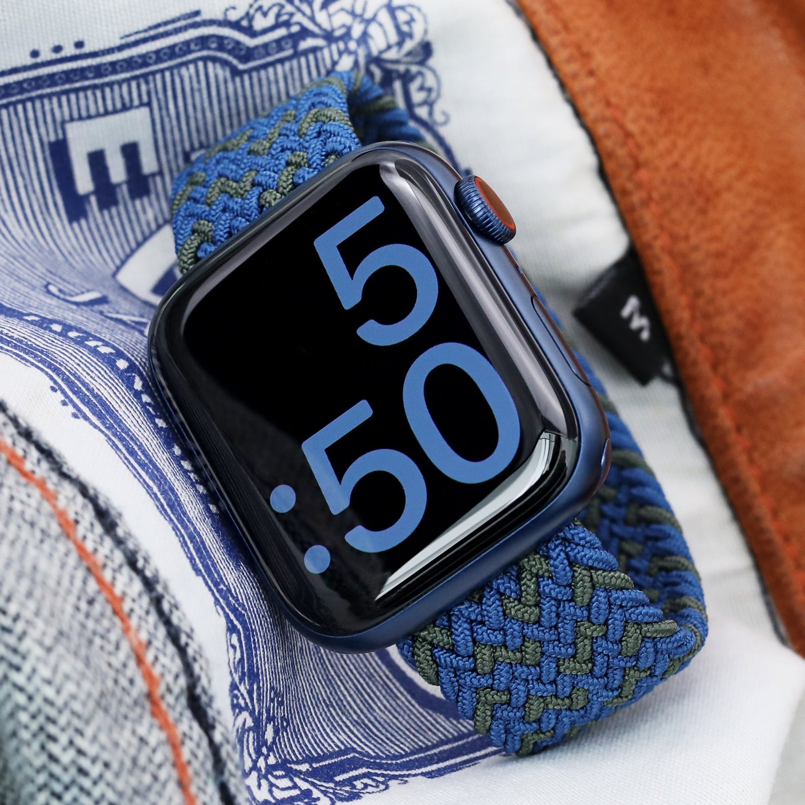 Stretchable Navy-Green Solo Loop Braided Apple Watch Band for 44mm / 42mm models Strapcode Watch Babds