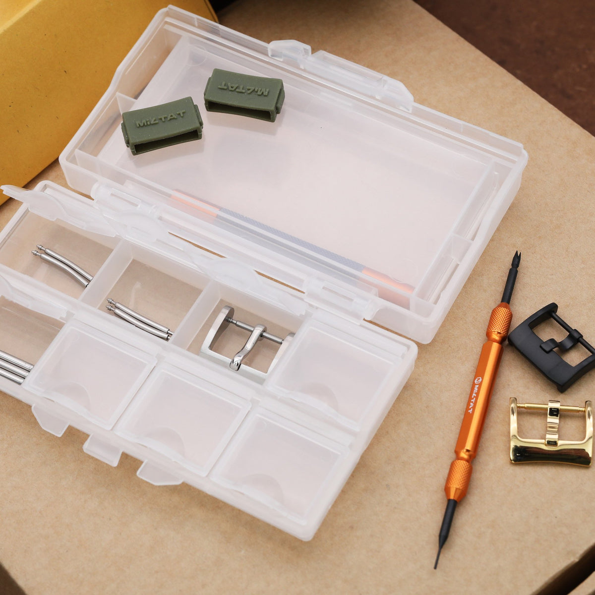 8+1 Slots Container for Watch Band Spring Bars, Buckles and Watch Parts, Translucent Strapcode Watch Bands