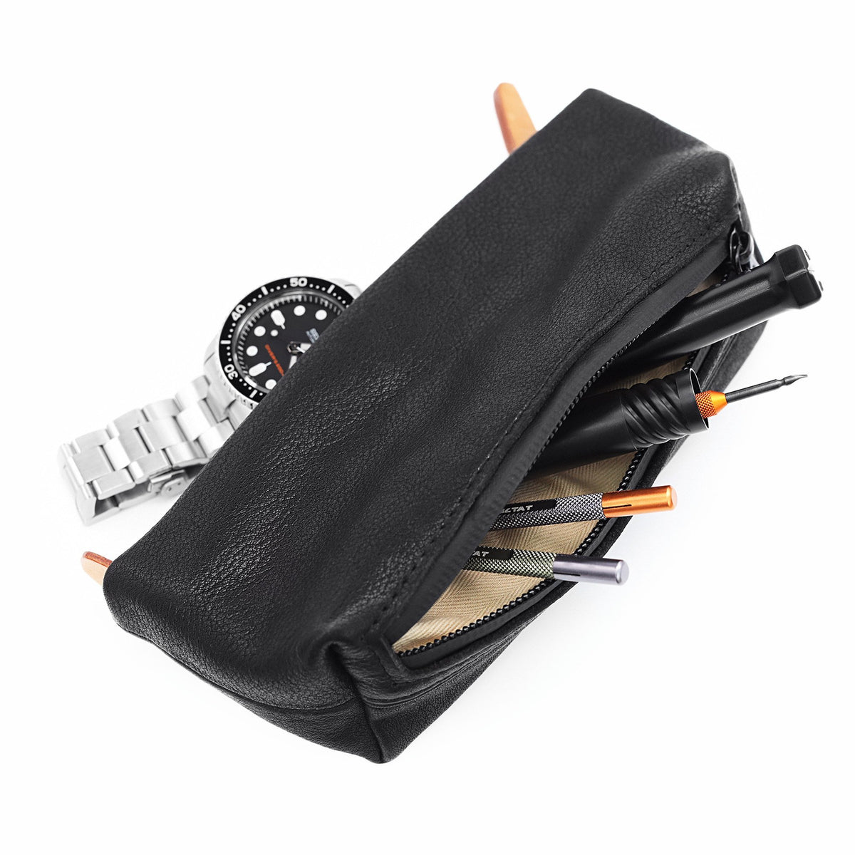 Travel Leather Zipper Watch Pouch, Two pockets storage for watch band and tools Strapcode Watch Bands