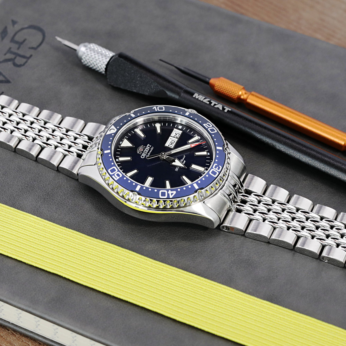 22mm Goma BOR Watch Band compatible with Orient Kamasu, 316L Stainless Steel Brushed and Polished V-Clasp